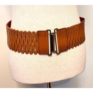 Vtg Leather Studded Statement Belt Sz S Stretch Accordian Western Festival Boho